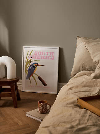Indrammet South America-plakat med fugl, lænet op ad væggen ved seng og skammel
