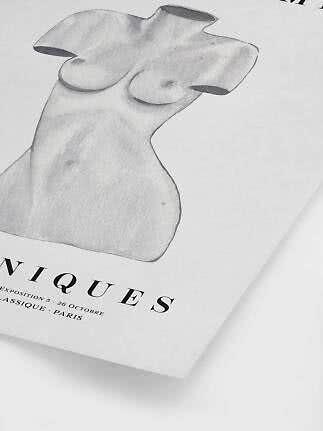 Art poster with pencil drawing of a female torso and French text on white background