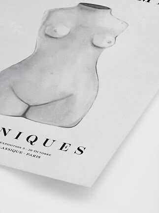 Art poster with sketch of a female torso in soft gray tones and French exhibition text