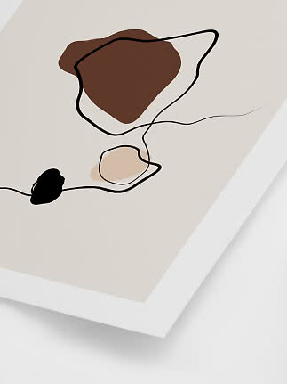 Abstrakte Wandkunst mit schwarzen Linien und organischen Formen in Braun, Beige und Schwarz