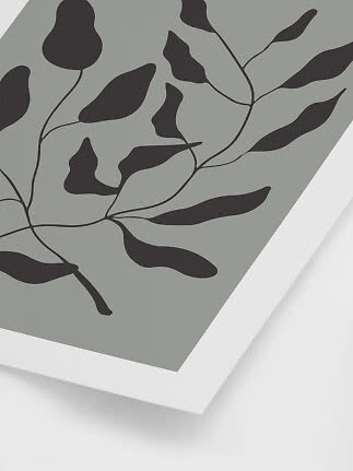 Indrammet botanisk plakat med sorte blade og grene på grå baggrund