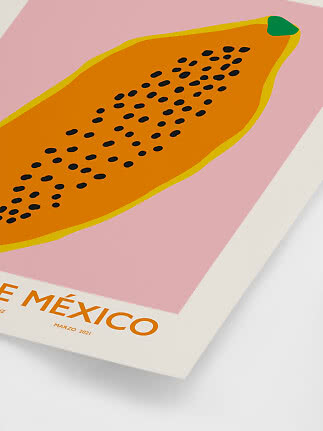 Poster with a stylized orange papaya and black seeds on a pink background