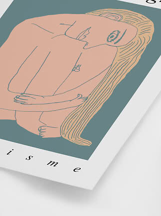 Minimalist poster of a nude seated figure with long hair on a blue-green background