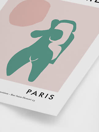 Abstract Paris poster with green figure on pink background and white border
