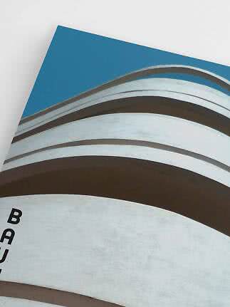 Poster with abstract architectural curves in white and dark tones against a blue sky