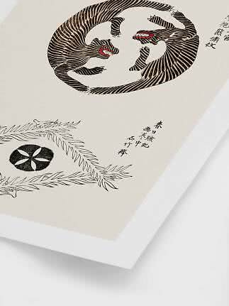 Gerahmter Kunstdruck mit zwei gestreiften Tigern im Kreis und japanischen Schriftzeichen