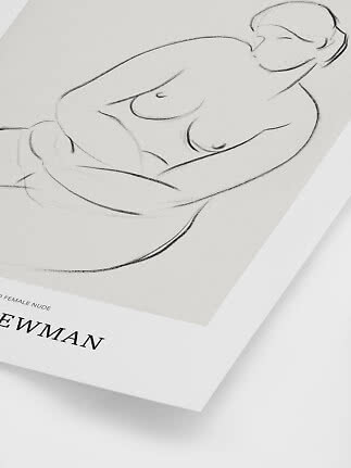 Minimalist poster with line drawing of a reclining nude woman in black on a light background