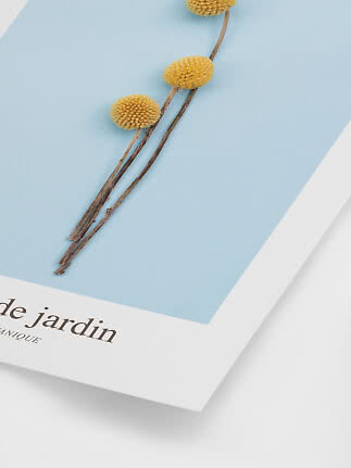 Gedroogde gele bloemstelen op een blauwe print met witte rand