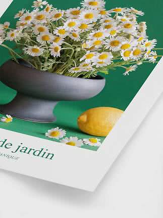 Poster mit weißen Gänseblümchen in grauer Vase und gelber Zitrone auf grünem Hintergrund