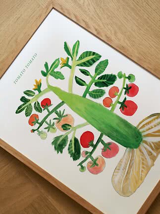 Gerahmter botanischer Druck mit Tomatenpflanze, Gurke und Chinakohl auf weißem Hintergrund