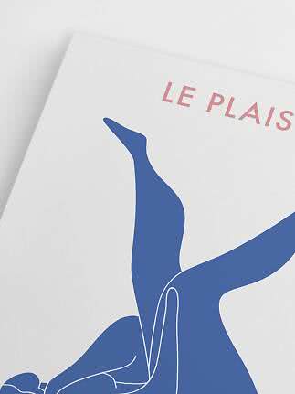 Art print with blue abstract figure on white background and pink text "LE PLAIS" at the top