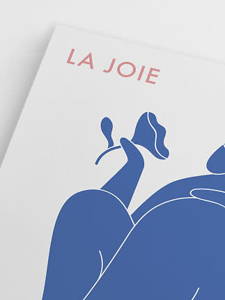 Close-up of poster with LA JOIE in pink and blue abstract illustration on white background