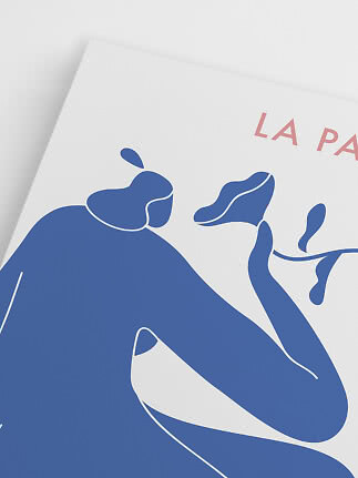 Abstract poster with blue figure on white background and pink text at the top