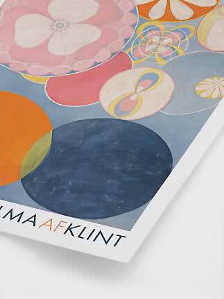 Plakat z abstrakcyjnym motywem kwiatowym w różu, błękicie, pomarańczu i kremie, Hilma af Klint