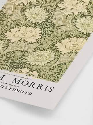Plakat med William Morris-blomstermønster i creme og olivengrøn med hvid kant