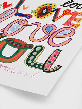 Colorful art print with hand-drawn letters and the word love on a white background