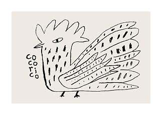 Naive black line drawing of a bird with patterned wings and the text "cocorico"