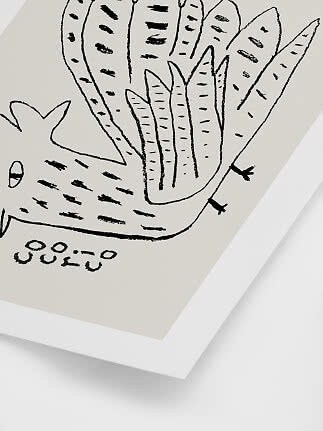 Framed abstract black line drawing of a bird and leaves on a beige background