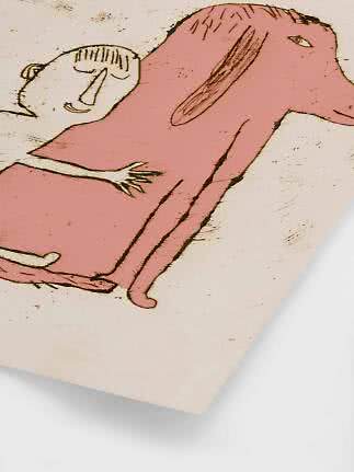 Kunsttryk med abstrakt tegning af en lyserød figur og et hvidt ansigt på beige baggrund