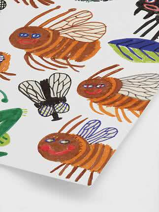 Pattern with colorful hand-drawn bees and flies on a white background