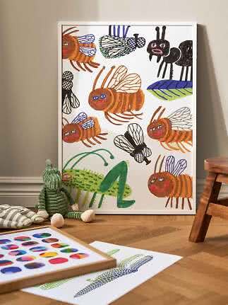 Framed children's poster with colorful hand-drawn insects and bees on a white background