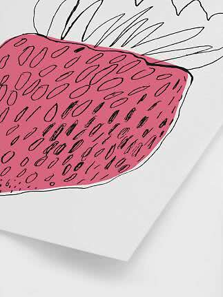 Illustration av ett stort rosa jordgubbe med svarta konturer på vit bakgrund