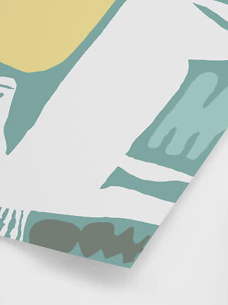 Abstraktes Poster mit weichen Formen in Weiß, Türkis, Gelb und Grau