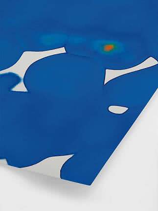 Abstract blue poster with white shapes and a small orange accent
