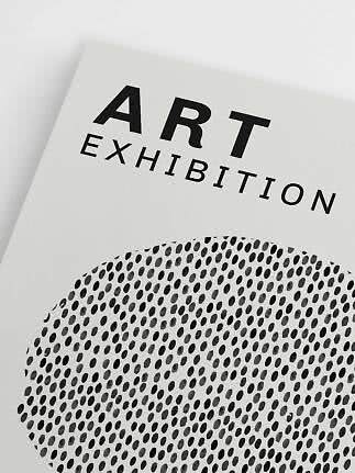 Black and white poster with "ART EXHIBITION" text and a large dotted circular design