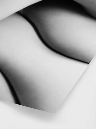 Abstract black and white poster with soft curved shapes and shadows
