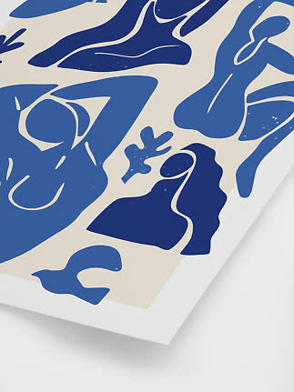 Abstract print with organic blue shapes on a beige background in a white frame