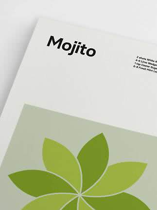 Poster mit dem Schriftzug „Mojito“ und grüner Blattgrafik auf weißem Hintergrund