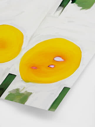 Abstract painting of two yellow mangoes with green leaves on a white background