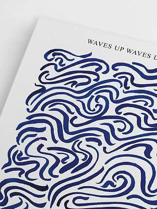 Close-up of poster with blue wave illustrations on white background and partial text at the top