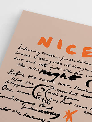 Abstract poster with black handwritten text, orange letters and star on a light pink background