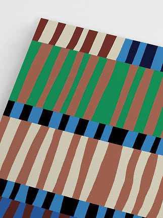 Colorful textile with diagonal stripes in green, brown, blue, black and cream