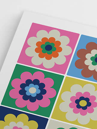 Sheet with colorful graphic flowers in square panels