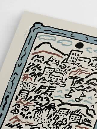 Illustrated poster with abstract landscape, palms, houses and boats in black, blue and terracotta