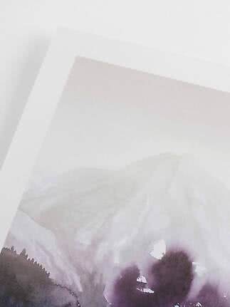 Close-up of abstract art print in light gray and purple tones on a white background