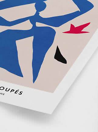 Abstract art print with blue figure and red and black shapes on a light background