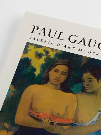 Art poster with a Paul Gauguin painting of two women, one holding a bowl of fruit