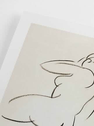 Abstract line drawing of a reclining rabbit on beige paper with white mat border