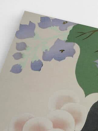 Close-up of floral print with purple bell-shaped flowers and white blooms on a light background