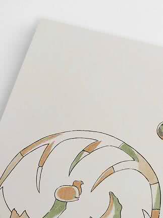 Nahaufnahme von weißem Papier mit abstraktem Kreisornament in Beige und Grün unten