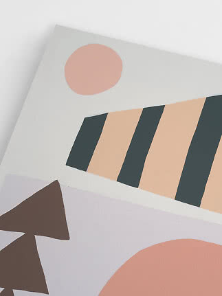 Abstraktes Poster mit rosa Kreis, schwarzen Streifen und geometrischen Formen in Pastelltönen