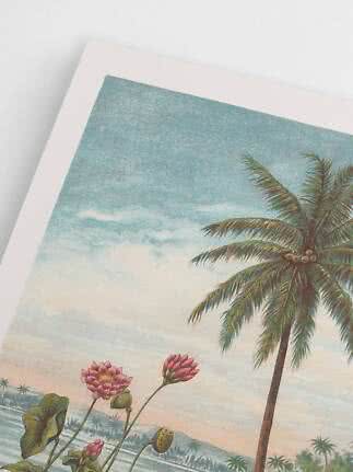 Nahaufnahme eines gerahmten tropischen Kunstdrucks mit Palme, blauem Himmel und rosa Blumen