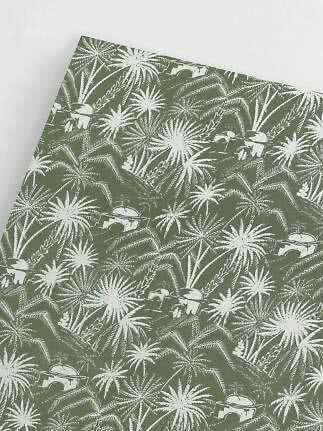 Motif vert et blanc avec palmiers et petites voitures sur une feuille de papier
