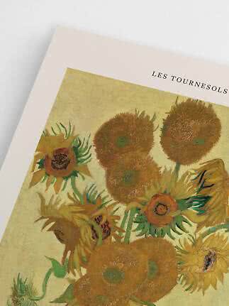 Poster d'arte con I Girasoli di Van Gogh e bordo bianco, fotografato in diagonale