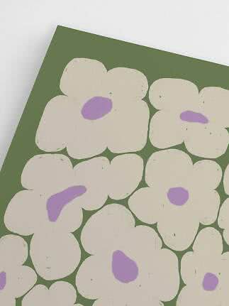 Affiche avec fleurs abstraites crème au centre violet sur fond vert