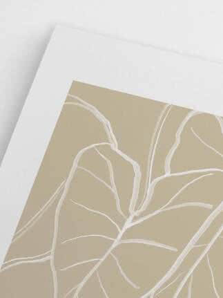 Nærbillede af beige kunsttryk med hvid line art af blade og hvid passepartout